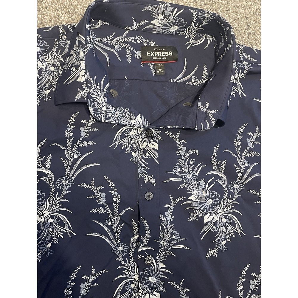 Express Men Shirt XL Extra Slim Navy Blue Floral Hawaiian Button Up Long Sleeve - Picture 3 of 6